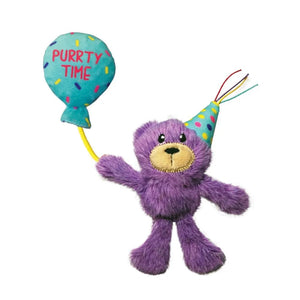 KONG Cat Occasions Birthday Teddy, čaukstošs lācītis ar balonu striķī, ar kaķumētru