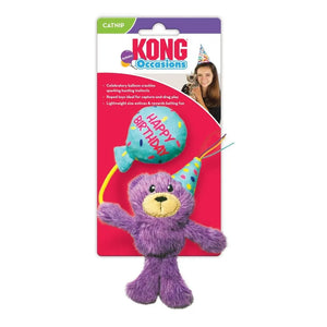 KONG Cat Occasions Birthday Teddy, čaukstošs lācītis ar balonu striķī, ar kaķumētru