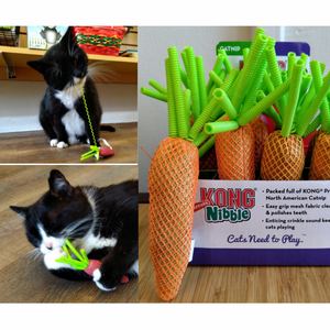 KONG Cat Nibble Carrot, īpaša materiāla čaukstošs burkāns zobu tīrīšanai, ar kaķumētru un elastīgām spirālītēm, 10/15 cm