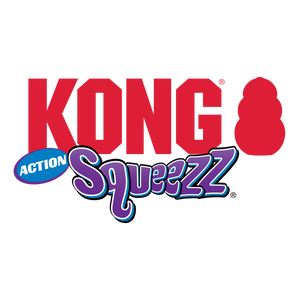 KONG Squeezz Action bumba, S, izmērs, sarkana raupja un caurspīdīgi zila gluda gumija, pīkst, smaržo, 3 gab.