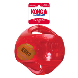 KONG Jumbler bumba, izturīga gumijas bumba ar rokturiem, pīkst, BONUSĀ - Airdog M bumba, L/XL, 17.7 cm