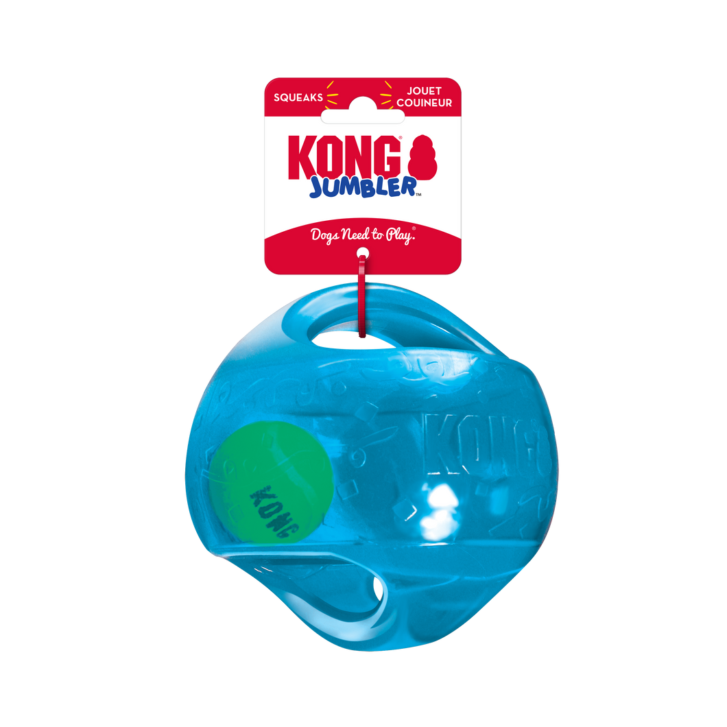 KONG Jumbler bumba, izturīga gumijas bumba ar rokturiem, pīkst, BONUSĀ - Airdog S bumba, M/L, 13.9 cm