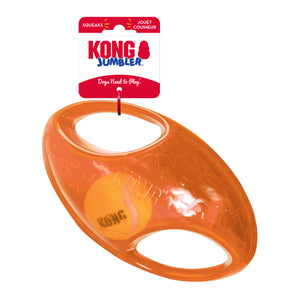 KONG Jumbler regbija bumba, izturīga gumijas bumba ar rokturiem, pīkst, BONUSĀ - Airdog M bumba, L/XL, 24 cm