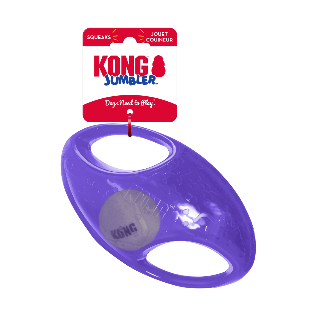 KONG Jumbler regbija bumba, izturīga gumijas bumba ar rokturiem, pīkst, BONUSĀ - Airdog M bumba, L/XL, 24 cm